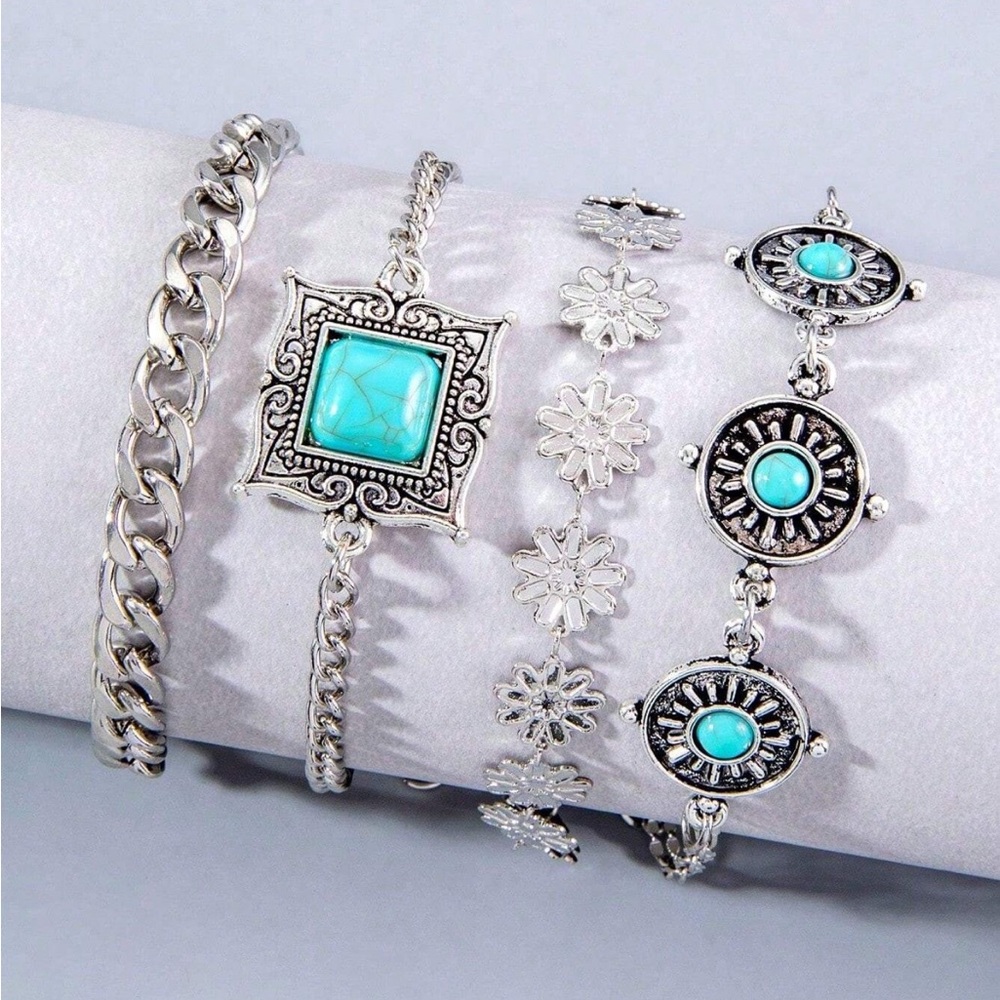 4 PCS Green Turquoise Square Petal Silver Bracelets Set